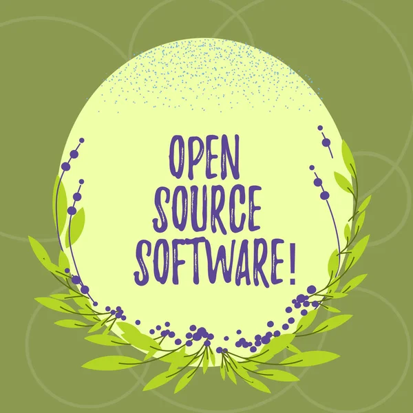 Text sign showing Open Source Software. Conceptual photo software with source code that anyone can modify Blank Color Oval Shape with Leaves and Buds as Border for Invitation.