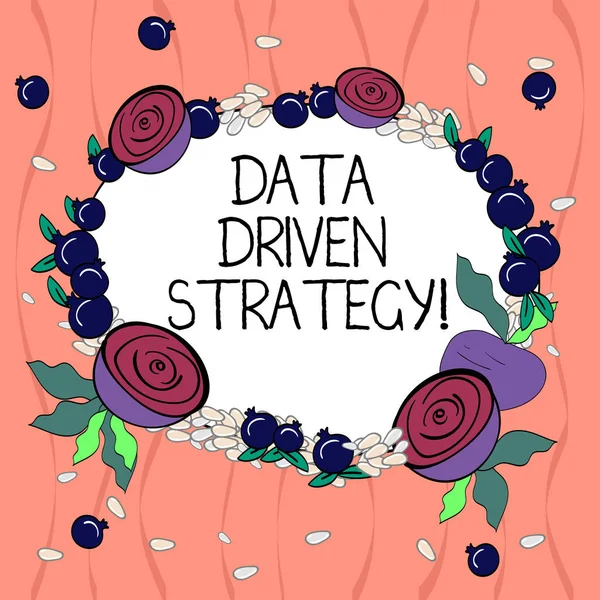 Word writing text Data Driven Strategy. Business concept for decisions based on data analysis and interpretation Floral Wreath made of Tiny Seeds Small Glossy Pomegranate and Cut Beet.