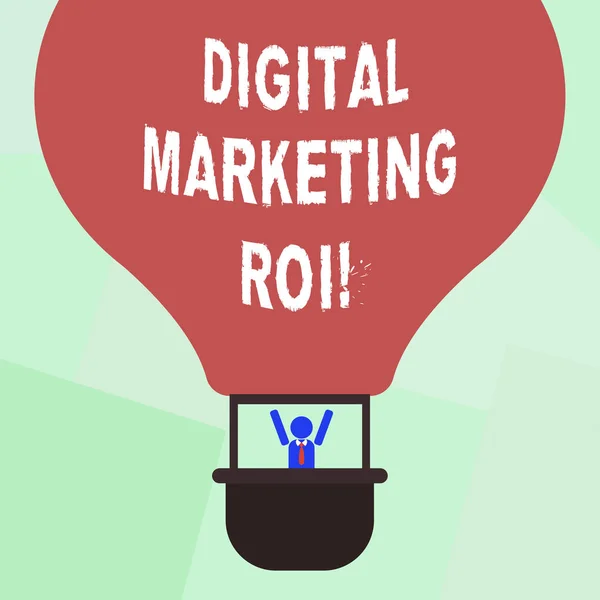 Ecriture conceptuelle montrant Digital Marketing Roi. Photo d'affaires montrant l'obtention de l 'argent s vaut des campagnes de marketing analyse Hu bras factices levant dans Gondole Riding Air Balloon . — Photo