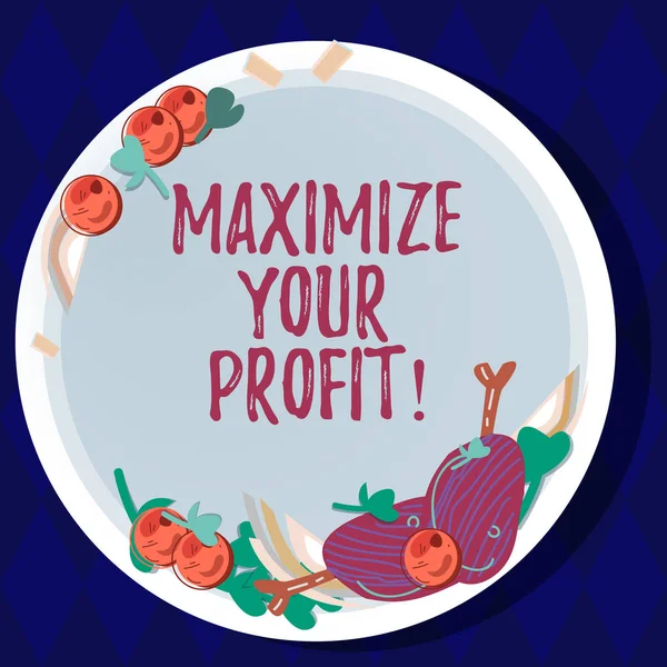 Handwriting text Maximize Your Profit. Concept meaning Achieve a maximum profit with low operating expenses Hand Drawn Lamb Chops Herb Spice Cherry Tomatoes on Blank Color Plate.