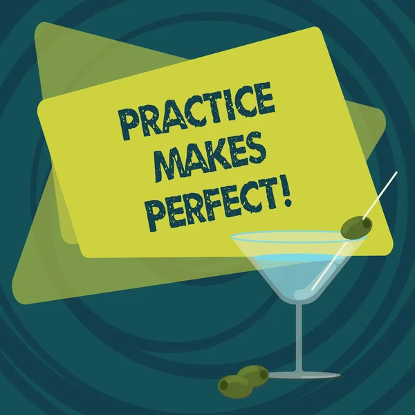 Text sign showing Practice Makes Perfect. Conceptual photo Regular exercise of skill to become expert in it Filled Cocktail Wine Glass with Olive on the Rim Blank Color Text Space. — Stock Photo, Image
