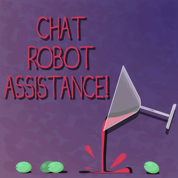 Word writing text Chat Robot Assistance. Business concept for answers customer services questions and provides help Cocktail Wine Glass Pouring Liquid with Splash Grapes and Shadow photo.