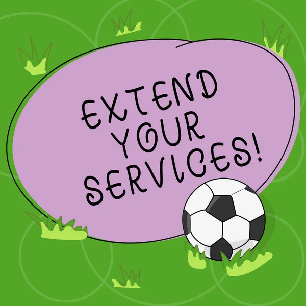 Word writing text Extend Your Services. Business concept for Broaden or expand the scope of the services offered Soccer Ball on the Grass and Blank Outlined Round Color Shape photo. — Stock Photo, Image