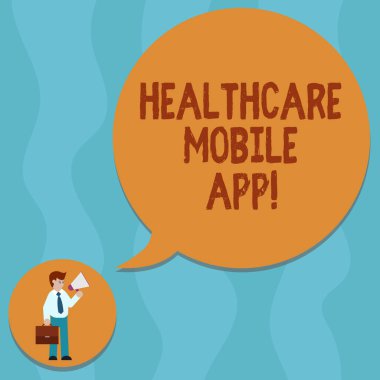 Adam taşıyan evrak çantası elinde megafon konuşma balonu healthrelated teklif uygulama programı vitrine kavramsal el yazma gösteren sağlık mobil uygulama iş fotoğraf hizmetleri.