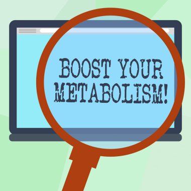Kavramsal el Boost Your Metabolizma gösterilen yazma. İş fotoğraf metin gıda kalori alımını büyüteç büyütme Tablet renkli ekran metin alanı arıza kadar hız.