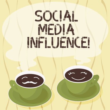 El yazısı metin sosyal medya etkisi. Bireylerin yetenek diğerleri Kupası fincan tabağı kümeleri için onun düşünce etkiler anlam kavramı ve onun kahve yüz simgesi boş buhar ile.