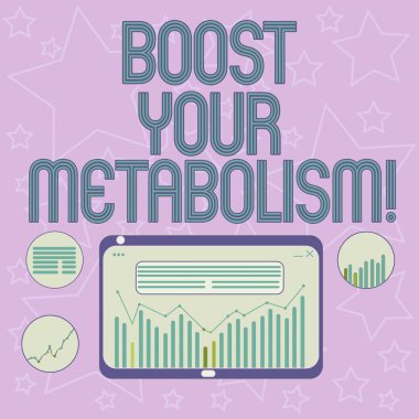 Boost Your Metabolizma yazma el yazısı metin. Tablet ekranda gıda kalori alımını dijital karma, sütun satır veri grafik grafik çözümlemesini kadar hız anlam kavramı.