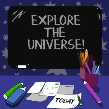 Kavramsal el yazma keşfetmek evren gösterilen. İş fotoğraf metin keşfetmek yer ve zaman ve bunların içerikleri Mounted Blackboard tebeşir yazma araçları levhalar üstünde okul sırası ile.