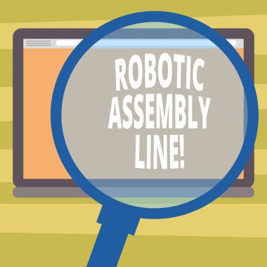 Robotik montaj hattı gösterilen metin işareti. Kavramsal fotoğraf kullanın üretim hızı ve tutarlılık büyüteç büyütme Tablet boş renkli ekran fotoğraf metin alanı artırmak için.