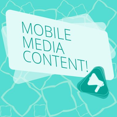 Word metin mobil medya içerik yazma. İş kavramı cep telefonlarında megafon içinde üçgen ve duyuru için boş renk dikdörtgen bakıldı elektronik medya için.