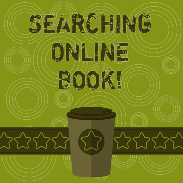显示搜索在线书籍的书写笔记。商业照片展示的资源在书中提供阅读在线3d 咖啡去杯与盖子盖和明星在地带空白文本空间. — 图库照片