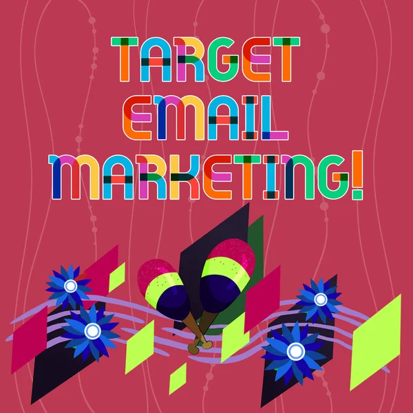 Scrittura di testi a mano Target Email Marketing. Concetto significa che la pubblicità viene inviata a un elenco di destinatari Colorful Instrument Maracas Handmade Flowers and Curved Musical Staff . — Foto Stock