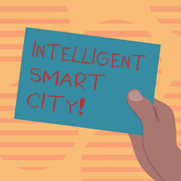 Programu Word, pisanie tekstu inteligentne Smart City. Koncepcja biznesowa dla miasta, która ma mądrzejszy energii infrastruktury rysowane Hu analizy ręka trzyma prezentacji puste kolor papieru karton zdjęcie. — Zdjęcie stockowe