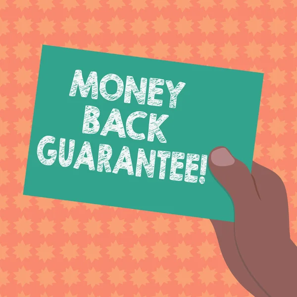 Writing note showing Money Back Guarantee. Business photo showcasing refund will be made if customer is not satisfied Drawn Hu analysis Hand Holding Blank Color Paper Cardboard.