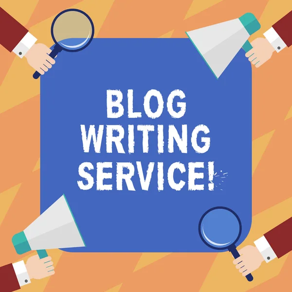 Signo de texto que muestra Blog Writing Service. Foto conceptual Crea contenido de blog de alta calidad para un negocio Análisis de Hu Manos Cada lupa y megáfono en 4 esquinas . — Foto de Stock