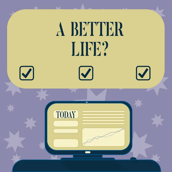 Conceptual hand writing showing A Better Lifequestion. Business photo text Wants to improve the current quality of life Mounted Computer Screen with Line Graph on Desk Text Box. — Stock Photo, Image