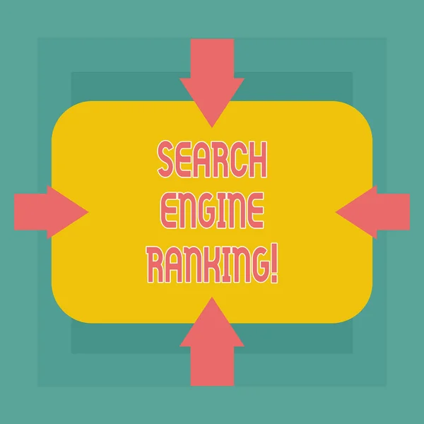 概念的な手書きの検索エンジンのランキングを示します。ビジネス写真テキスト サイトのランクは、検索エンジンのクエリ 4 側面の長方形図形を指す内側の矢印. — ストック写真