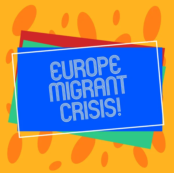 Conceptual hand writing showing Europe Migrant Crisis. Business photo showcasing European refugee crisis from a period beginning 2015 Pile of Rectangular Outlined Different Color Construct Paper.