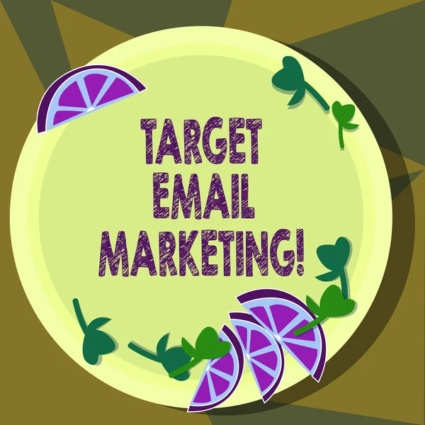Text sign showing Target Email Marketing. Conceptual photo advertisement is sent to a target list of recipients Cutouts of Sliced Lime Wedge and Herb Leaves on Blank Round Color Plate.