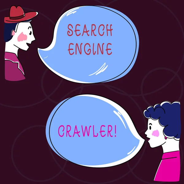 Scrittura concettuale a mano che mostra Search Engine Crawler. Programma di testo di foto aziendali o script automatizzato che sfoglia il web Analisi Hand Wo Parlare foto con Blank Color Speech Bubble . — Foto Stock