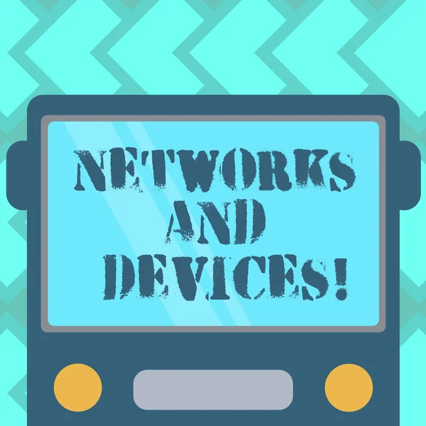 Text sign showing Networks And Devices. Conceptual photo used to connect computers or other electronic devices Drawn Flat Front View of Bus with Blank Color Window Shield Reflecting. — Stock Photo, Image