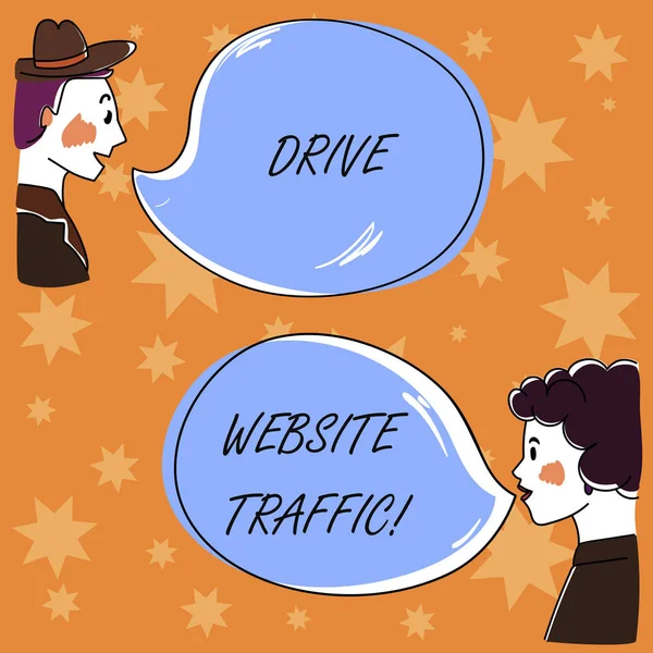 Почерк текста Drive Website Traffic. Концепция, означающая увеличение числа посетителей делового сайта Hand Drawn Man и Wo analysis Говорящая фотография с пустой цветной речевой пузырь . — стоковое фото