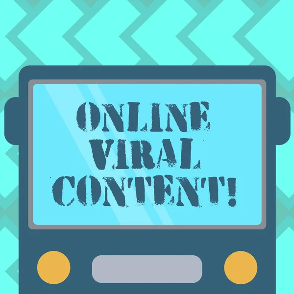 Text sign showing Online Viral Content. Conceptual photo Article that spreads rapidly online by website link Drawn Flat Front View of Bus with Blank Color Window Shield Reflecting.
