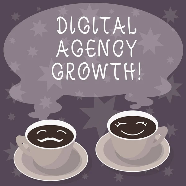 Text sign showing Digital Agency Growth. Conceptual photo Progress of graphic design and copywriting business Sets of Cup Saucer for His and Hers Coffee Face icon with Blank Steam.