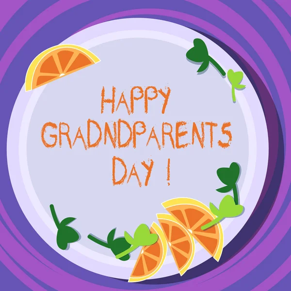 Ecriture conceptuelle montrant Happy Grandparents Day. Texte photo d'affaires Fête nationale pour célébrer et honorer les grands-parents Découpes de tranches de lime Wedge et feuilles d'herbes sur plaque de couleur . — Photo