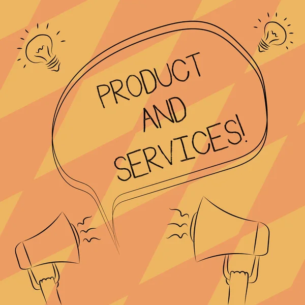 Text sign showing Product And Services. Conceptual photo Tangible items and activities that can offer to market Freehand Outline Sketch of Blank Speech Bubble Megaphone Sound Idea Icon