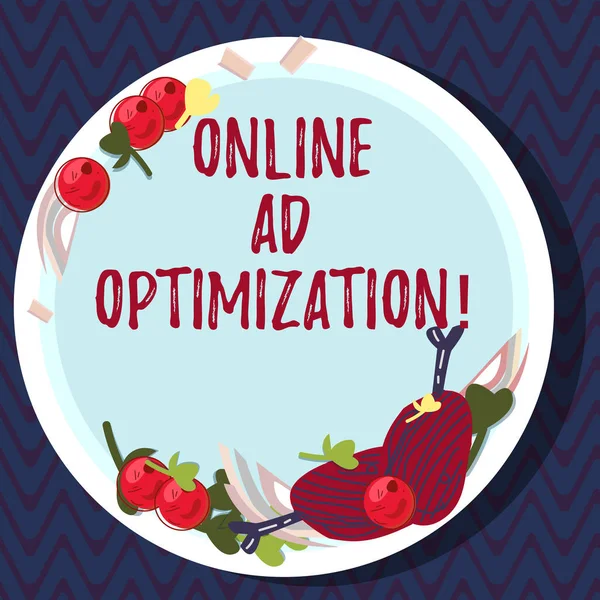 Text sign showing Online Ad Optimization. Conceptual photo Improving the perforanalysisce of a text PPC advertisement Hand Drawn Lamb Chops Herb Spice Cherry Tomatoes on Blank Color Plate.