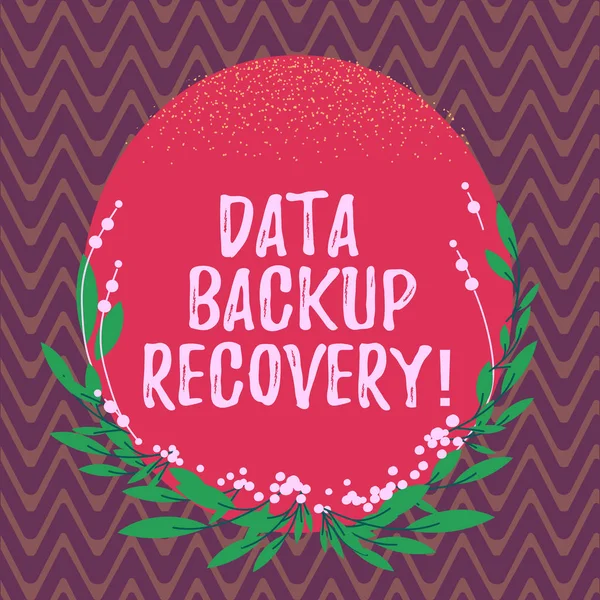 Texto para escrita de palavras Data Backup Recovery. Conceito de negócio para o processo de backup de dados em caso de perda Forma oval de cor em branco com folhas e botões como fronteira para convite . — Fotografia de Stock