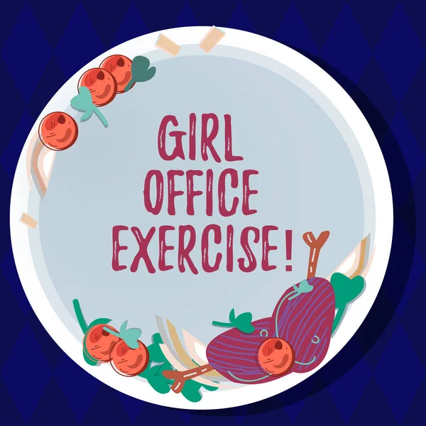 Handwriting text Girl Office Exercise. Concept meaning Promote physical health at work for office staf Hand Drawn Lamb Chops Herb Spice Cherry Tomatoes on Blank Color Plate.