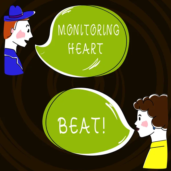 Text sign showing Monitoring Heart Beat. Conceptual photo Measure or record the heart rate in real time Hand Drawn Man and Wo analysis Talking photo with Blank Color Speech Bubble. — Stock Photo, Image