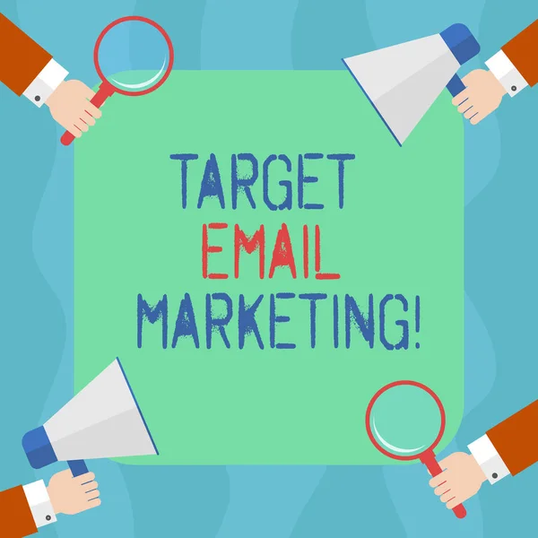 Conceptual hand writing showing Target Email Marketing. Business photo text advertisement is sent to a target list of recipients Hu analysis Hands Holding Magnifying Glass and Megaphone.