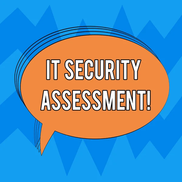 Writing note showing It Security Assessment. Business photo showcasing ensure that necessary security controls are in place Oval Outlined Solid Color Speech Bubble Empty Text Balloon photo.