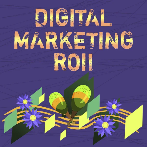 Escrita de mão conceitual mostrando Marketing Digital Roi. Texto de foto de negócios recebendo o dinheiro s vale a pena de campanhas de marketing Instrumento colorido Maracas Flores e pessoal musical curvo . — Fotografia de Stock