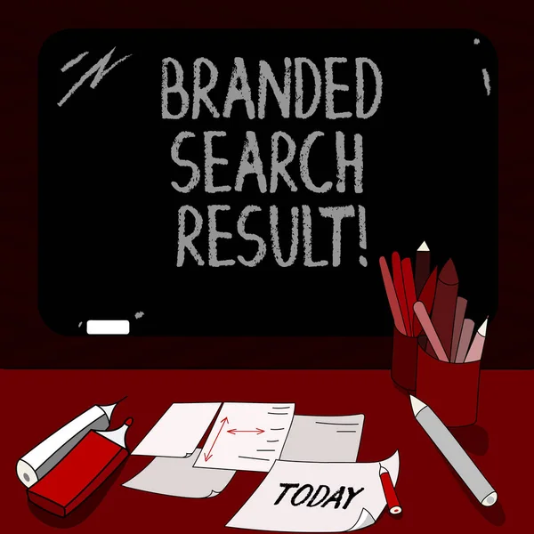 Conceptual hand writing showing Branded Search Result. Business photo showcasing Query via a search engine that includes the brand Mounted Blackboard with Chalk Writing Tools Sheets on Desk.