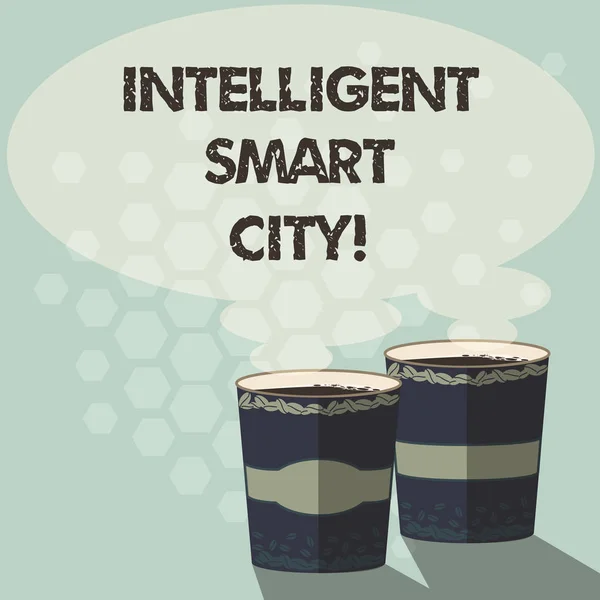 Programu Word, pisanie tekstu inteligentne Smart City. Koncepcja biznesowa dla miasta, który ma bardziej inteligentne infrastruktury energetycznej dwa aby Go Cup z napojów i Steam ikonę puste dymek zdjęcie. — Zdjęcie stockowe