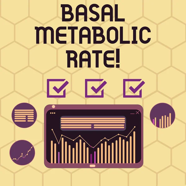 Escrita de mão conceitual mostrando Taxa Metabólica Basal. Texto para fotos de negócios Nível mínimo de energia necessário para sustentar a função vital Combinação Digital de Dados de Linha de Coluna Gráfico Gráfico em Tablet . — Fotografia de Stock