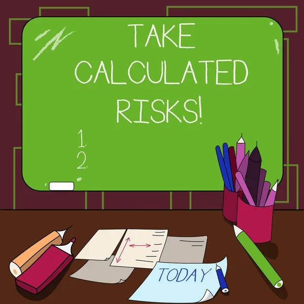 Writing note showing Take Calculated Risks. Business photo showcasing chance taken after careful valuation of the outcome Mounted Blackboard with Chalk Writing Tools Sheets on Desk. — Stock Photo, Image