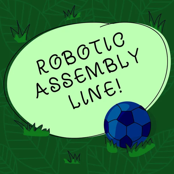 Handwriting text Robotic Assembly Line. Concept meaning use to increase production speed and consistency Soccer Ball on the Grass and Blank Outlined Round Color Shape photo. — Stock Photo, Image