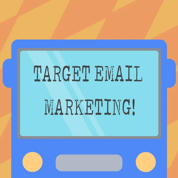 Text sign showing Target Email Marketing. Conceptual photo advertisement is sent to a target list of recipients Drawn Flat Front View of Bus with Blank Color Window Shield Reflecting.