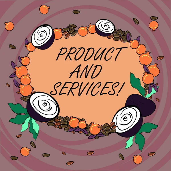 Writing note showing Product And Services. Business photo showcasing Tangible items and activities that can offer to market Floral Wreath made of Tiny Seeds Small Glossy Pomegranate and Cut Beet. — Stock Photo, Image