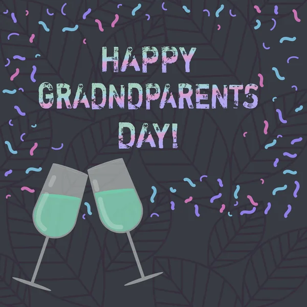 Εννοιολογική χέρι γραφή δείχνει ευτυχισμένη ημέρα παππούδες και γιαγιάδες. Επαγγελματίες φωτογραφία κείμενο εθνικής εορτής να γιορτάσουν και να τιμήσουν τους παππούδες γεμάτο ποτήρι κρασί για γιορτή με διάσπαρτα κομφετί φωτογραφία. — Φωτογραφία Αρχείου