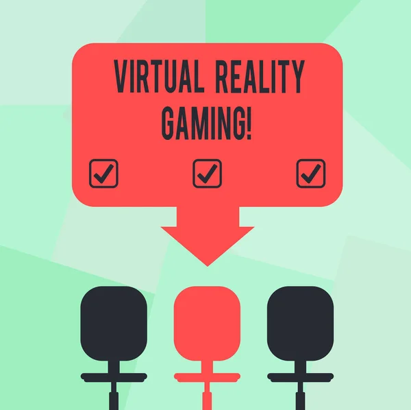 Conceptuele hand schrijven tonen van virtuele realiteit Gaming. Foto tekst bedrijfstoepassing van virtuele omgeving op computer games ruimte kleur pijl wijst naar één van de drie draaibare stoelen. — Stockfoto