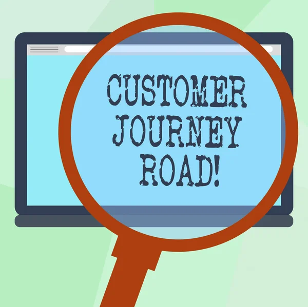 Conceptual hand writing showing Customer Journey Road. Business photo text Customer experiences when interacting your brand Magnifying Glass Enlarging Tablet Color Screen text Space.