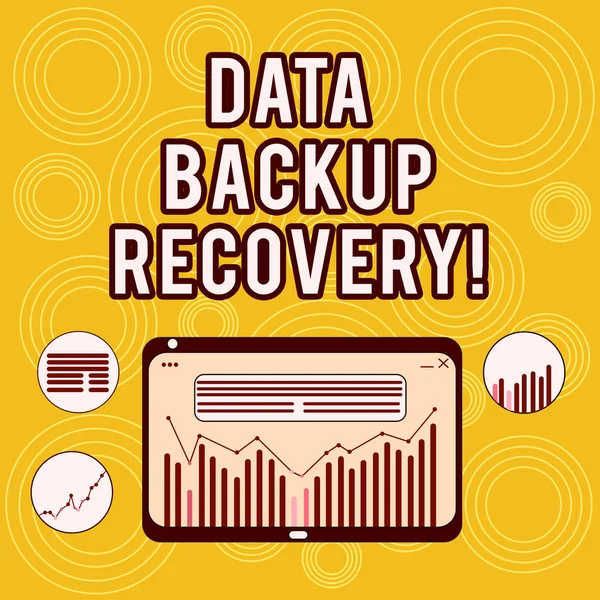 Writing note showing Data Backup Recovery. Business photo showcasing the process of backing up data in case of a loss Digital Combination of Column Line Data Graphic Chart on Tablet Screen.