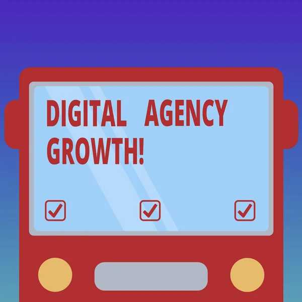 Handwriting text Digital Agency Growth. Concept meaning Progress of graphic design and copywriting business Drawn Flat Front View of Bus with Blank Color Window Shield Reflecting