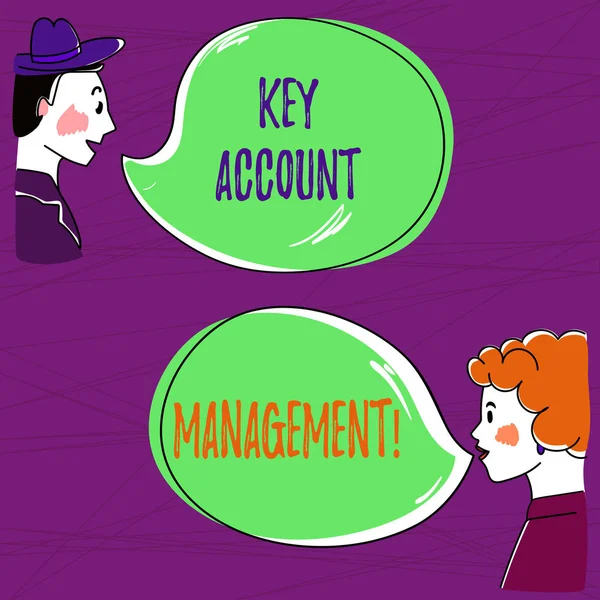 Text sign showing Key Account Management. Conceptual photo Selling products to big customers and clients Hand Drawn Man and Wo analysis Talking photo with Blank Color Speech Bubble.